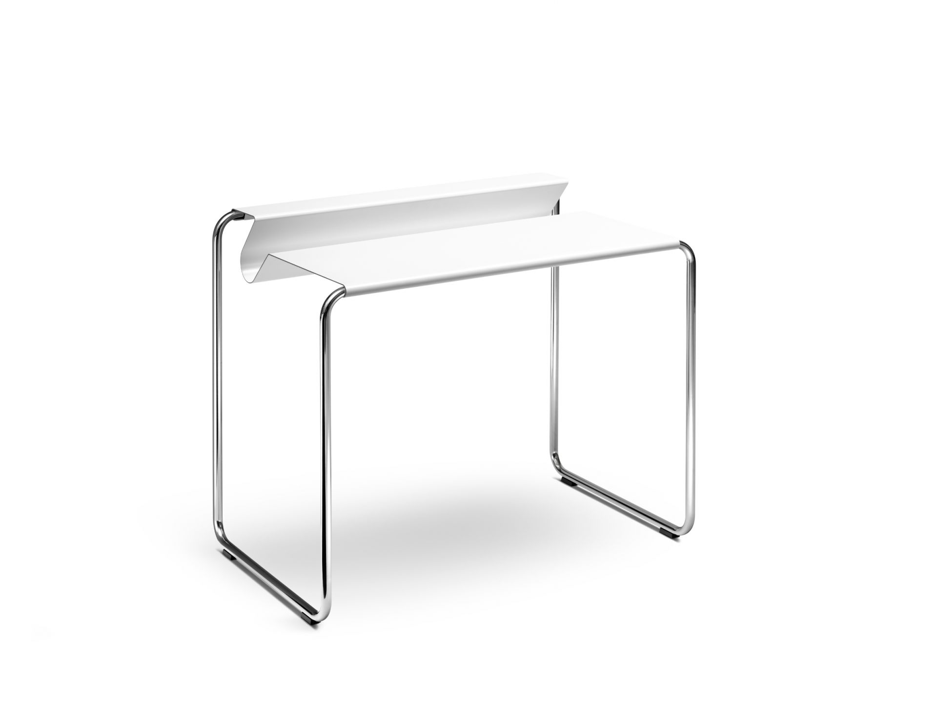 Weißer PS07 Sekretär von Müller Möbelfabrikation mit minimalistischem Design und verchromtem Stahlrohrgestell. Moderner Schreibtisch für Büro und Zuhause.
